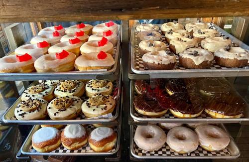 A display of assorted donuts, including frosted, glazed, and topped with cherries and chocolate, arranged on trays.