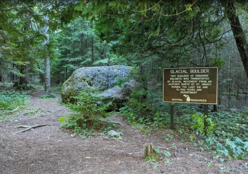 A large glacial boulder in a forest, with a sign detailing its geological significance.