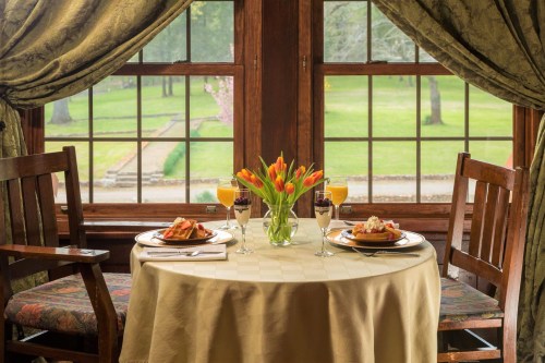 A cozy dining table set for two, featuring breakfast dishes and a vase of tulips, with a view of a green garden outside.