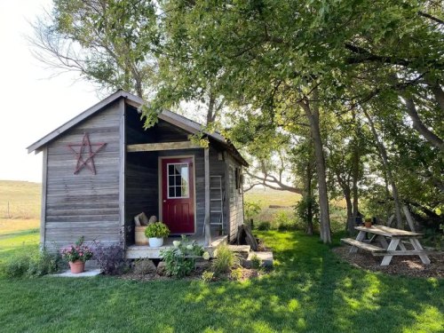 A small wooden cabin with a red door, surrounded by greenery and a picnic table nearby.