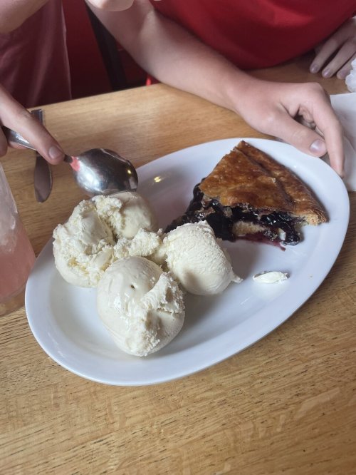A plate with a slice of blueberry pie and two scoops of vanilla ice cream, with a hand holding a spoon nearby.