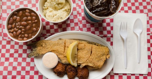 overhead shot of a catfish dinner