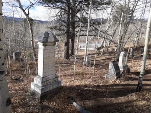 A serene cemetery with old gravestones surrounded by trees and fallen leaves, set in a quiet, wooded area.