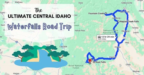 Map of a road trip in Central Idaho, highlighting waterfalls with a route from Goat Falls to various scenic locations.