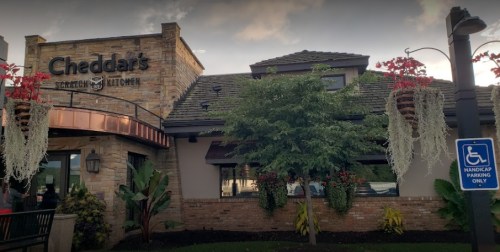 Exterior of Cheddar's Scratch Kitchen with stone facade, hanging plants, and a sign indicating handicap parking.