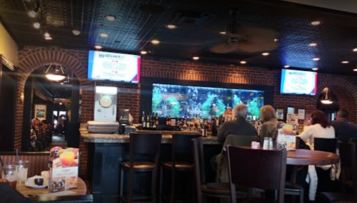 A cozy bar area with a large aquarium, patrons seated at the counter, and screens displaying information.