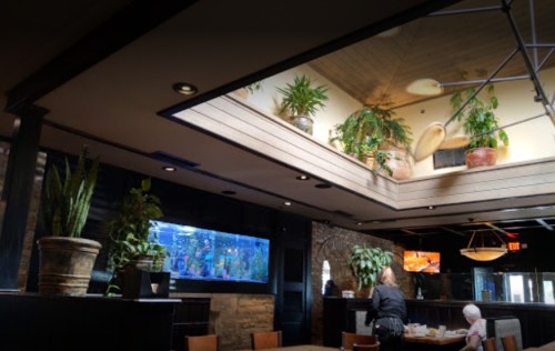 Interior of a restaurant featuring a large aquarium, plants, and a skylight, with a server attending to customers.