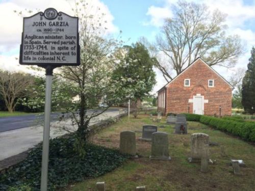 Historical marker for John Garzia, Anglican minister, with a cemetery and brick building in the background.