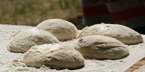 Five round dough balls resting on a floured surface, with a blurred background of greenery.