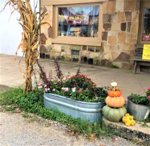 A quaint storefront with a flower bed, pumpkins, and autumn decor, set against a rustic stone wall.