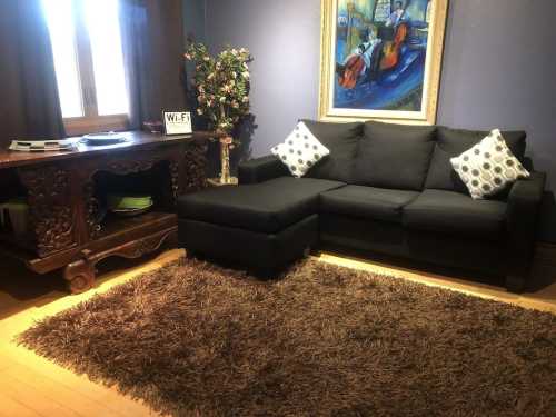 Cozy living room with a black sectional sofa, decorative pillows, a wooden table, and a plush rug.