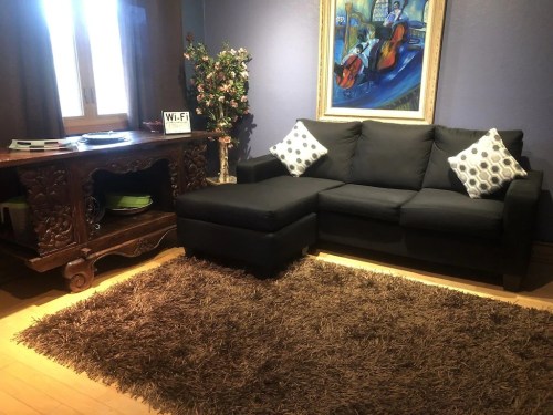 Cozy living room with a black sectional sofa, decorative pillows, a wooden table, and a plush rug.