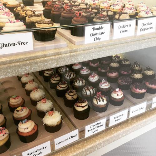 A display of colorful cupcakes with various flavors, including gluten-free options, topped with frosting and decorations.