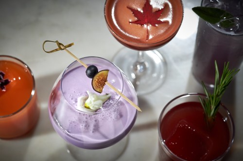 A variety of colorful cocktails with garnishes, including a purple drink topped with whipped cream and a fig slice.