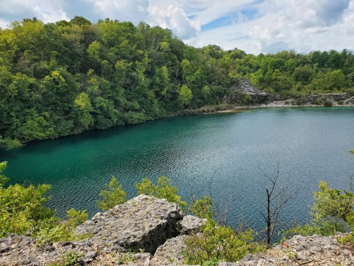 A serene lake surrounded by lush green trees under a partly cloudy sky.