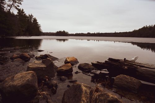 A tranquil lake scene with rocky shorelines, surrounded by trees under a cloudy sky.