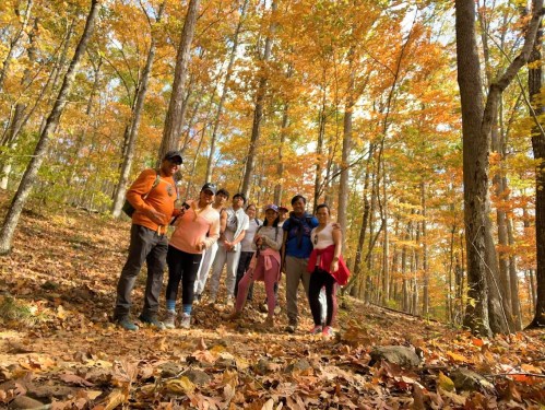 A group of seven people poses on a forest trail surrounded by vibrant autumn foliage.