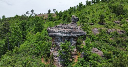A large rock formation stands prominently among lush green trees on a hillside.