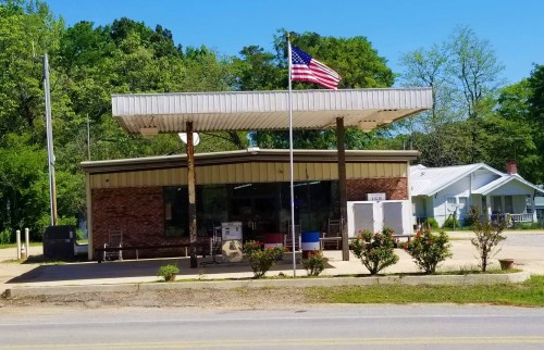 A small gas station with a flag, surrounded by greenery and a few bushes, on a sunny day.