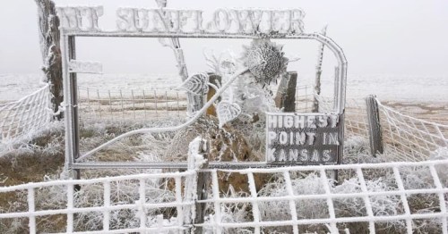 A frosty sign at the highest point in Kansas, featuring a sunflower, surrounded by icy fog and a fence.