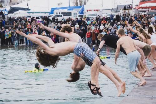 A group of young people diving into a chilly body of water, with a crowd watching from the shore.