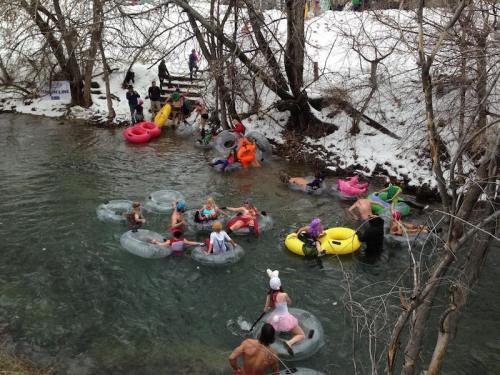 A lively scene of people floating on inner tubes in a snowy river, surrounded by trees and winter scenery.