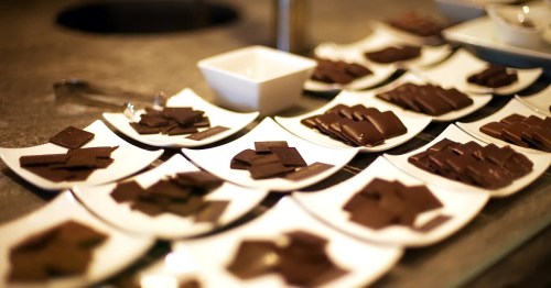 A variety of chocolate samples arranged on small white plates on a countertop.