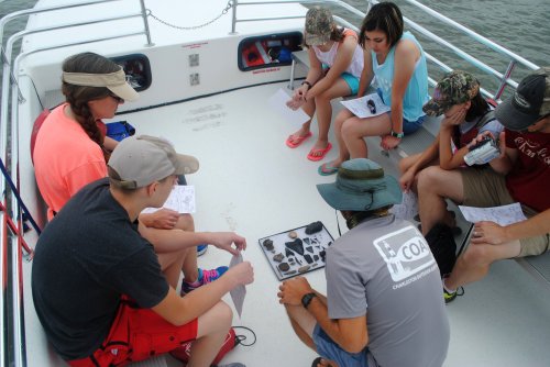 A group of people sitting on a boat, examining items and taking notes during an educational activity.