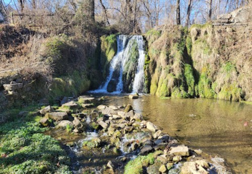 A serene waterfall cascades over mossy rocks into a calm pool, surrounded by trees and greenery.