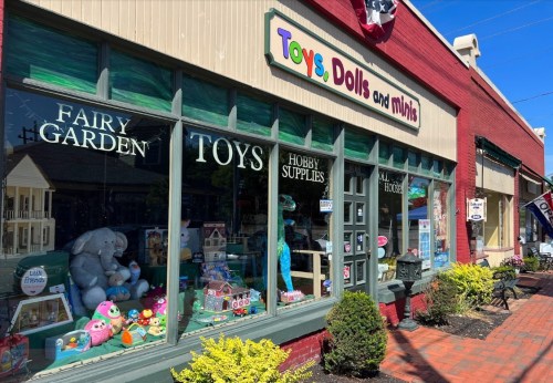 A colorful storefront displaying toys, dolls, and hobby supplies, with a fairy garden theme and plush animals in the window.