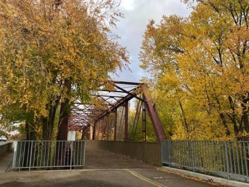 Rusty metal bridge surrounded by vibrant autumn trees with yellow leaves under a cloudy sky.