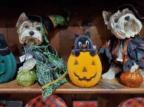 Two decorative dogs in Halloween costumes, one with a witch hat and the other beside a black cat on a pumpkin.