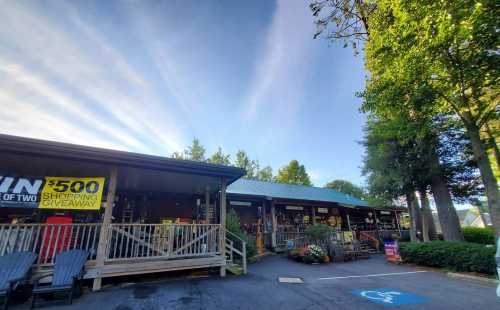 A rustic storefront with a porch, surrounded by trees and a clear blue sky, featuring signs and colorful decorations.