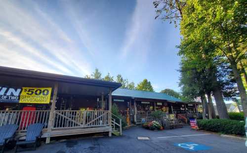 A rustic storefront with a porch, surrounded by trees and a clear blue sky, featuring signs and colorful decorations.