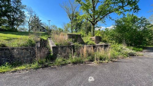 Overgrown stone ruins and steps surrounded by greenery, with a clear blue sky in the background.