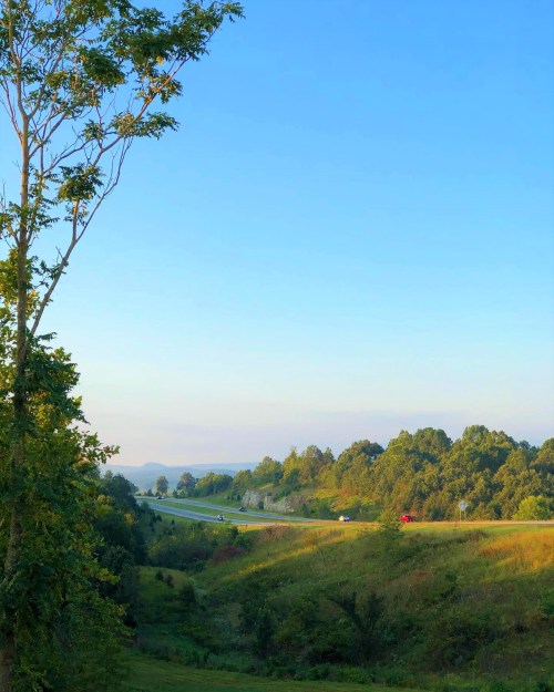 A serene landscape featuring rolling hills, green trees, and a clear blue sky, with a hint of a road in the distance.