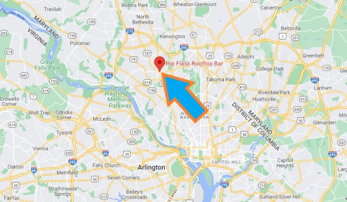 Map showing the location of Hip Flask Rooftop Bar in Maryland, with an arrow pointing to its position.