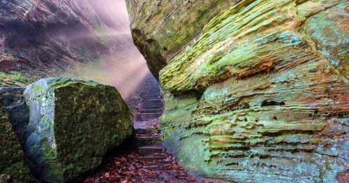 A narrow pathway between moss-covered rocks, with sunlight streaming through, illuminating the steps ahead.