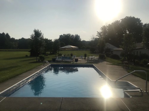 A serene outdoor pool surrounded by greenery, with sun shining and a patio area in the background.