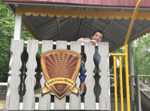 A young boy peeks over a wooden fence at a playground, with a sign reading "Triple Crown Winner" nearby.