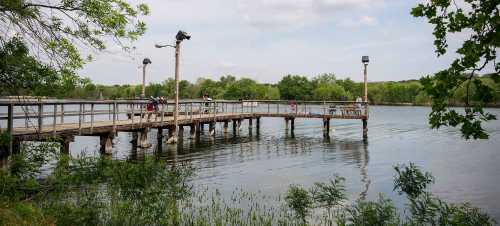 A wooden pier extends over calm water, surrounded by greenery and people enjoying the scenic view.