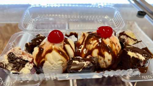 A plastic container holds two scoops of ice cream topped with chocolate sauce and cherries, surrounded by chocolate treats.