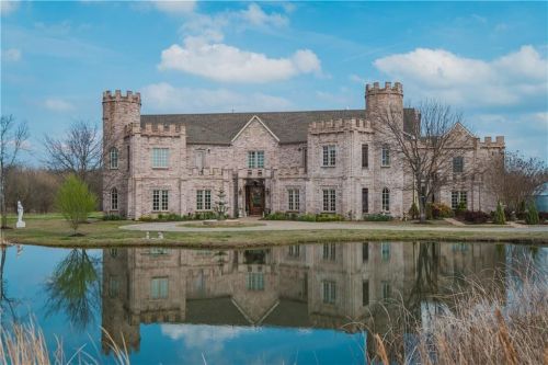 A large stone castle-style house with turrets, reflecting in a pond, surrounded by trees and grass under a blue sky.