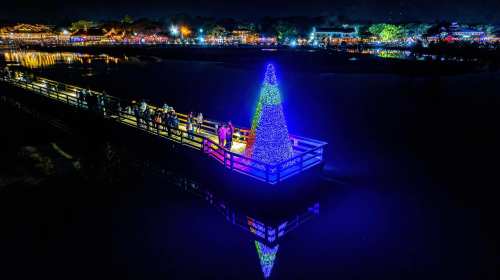 A brightly lit Christmas tree on a pier, reflecting in the water, with festive lights in the background.