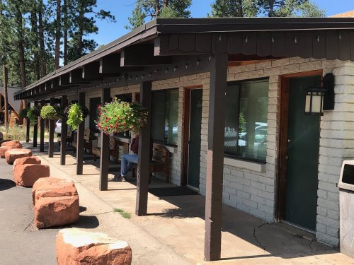 A row of rustic cabins with hanging flower baskets, surrounded by trees and a gravel path.