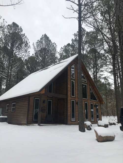 A wooden cabin with a sloped roof surrounded by snow-covered trees in a winter landscape.