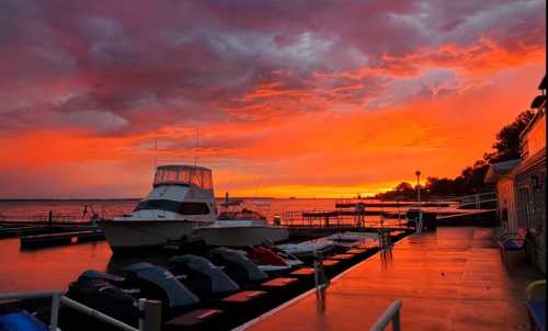 A vibrant sunset over a marina, with boats docked and colorful clouds reflecting on the water.