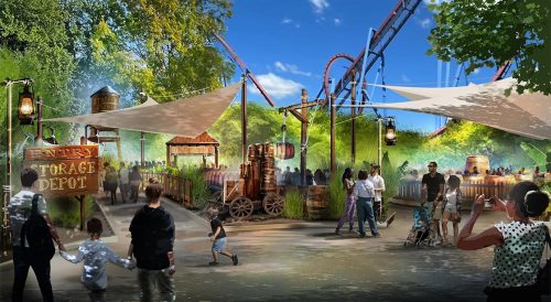 Concept art of a theme park area featuring rides, storage depot, and families enjoying the attractions under a blue sky.
