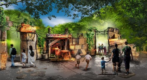 A vibrant entrance to a themed attraction, featuring ancient ruins and families walking towards it under a blue sky.