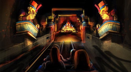 A dark amusement ride scene featuring colorful, whimsical figures and a glowing, ominous entrance ahead.
